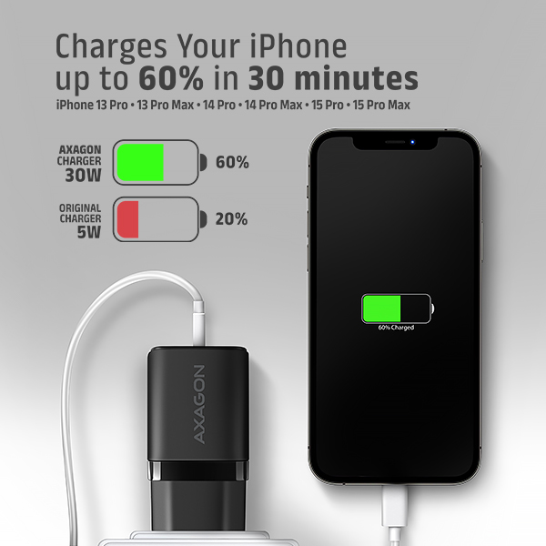 AXAGON ACU-PD30, Sil nabíjačka do siete 30W, 1x port USB-C, PD3.0/ PPS/ QC4+/ SFC/ AFC/ Apple, čierna 