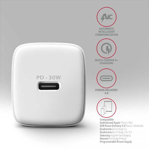 AXAGON ACU-PD30W, Sil nabíjačka do siete 30W, 1x port USB-C, PD3.0/ PPS/ QC4+/ SFC/ AFC/ Apple, biela 
