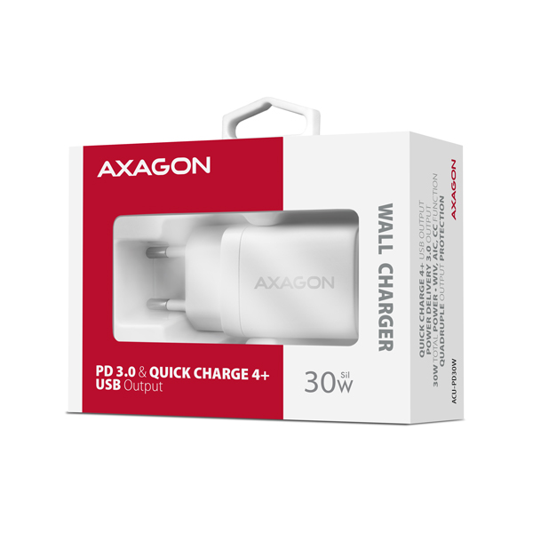 AXAGON ACU-PD30W, Sil nabíjačka do siete 30W, 1x port USB-C, PD3.0/ PPS/ QC4+/ SFC/ AFC/ Apple, biela 