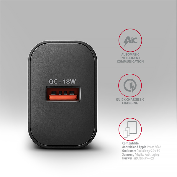 AXAGON ACU-QC18, nabíjačka do siete 18W, 1x port USB-A, QC3.0/ AFC/ Apple, čierna 