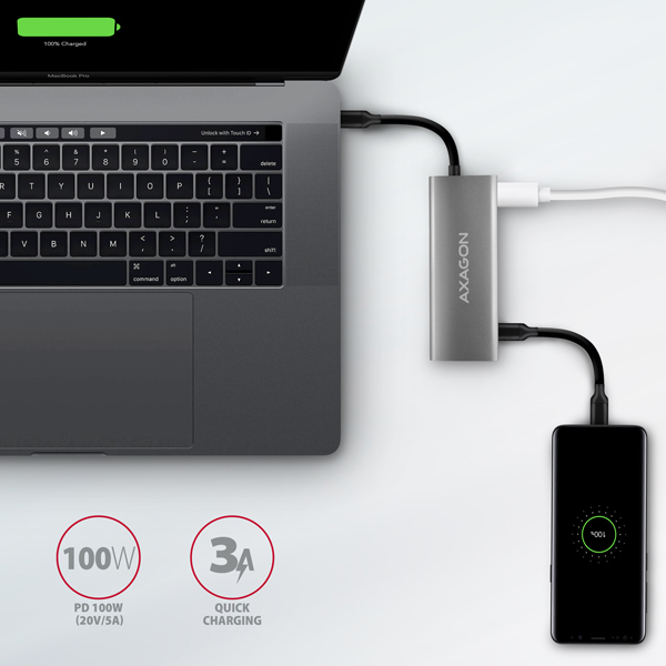 AXAGON HMC-5G2, USB 10Gbps hub, porty 2x USB-A, 2x USB-C, HDMI 4k/ 60, PD 100W, kábel USB-C 13cm 
