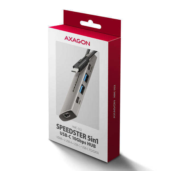 AXAGON HMC-5G2, USB 10Gbps hub, porty 2x USB-A, 2x USB-C, HDMI 4k/ 60, PD 100W, kábel USB-C 13cm 