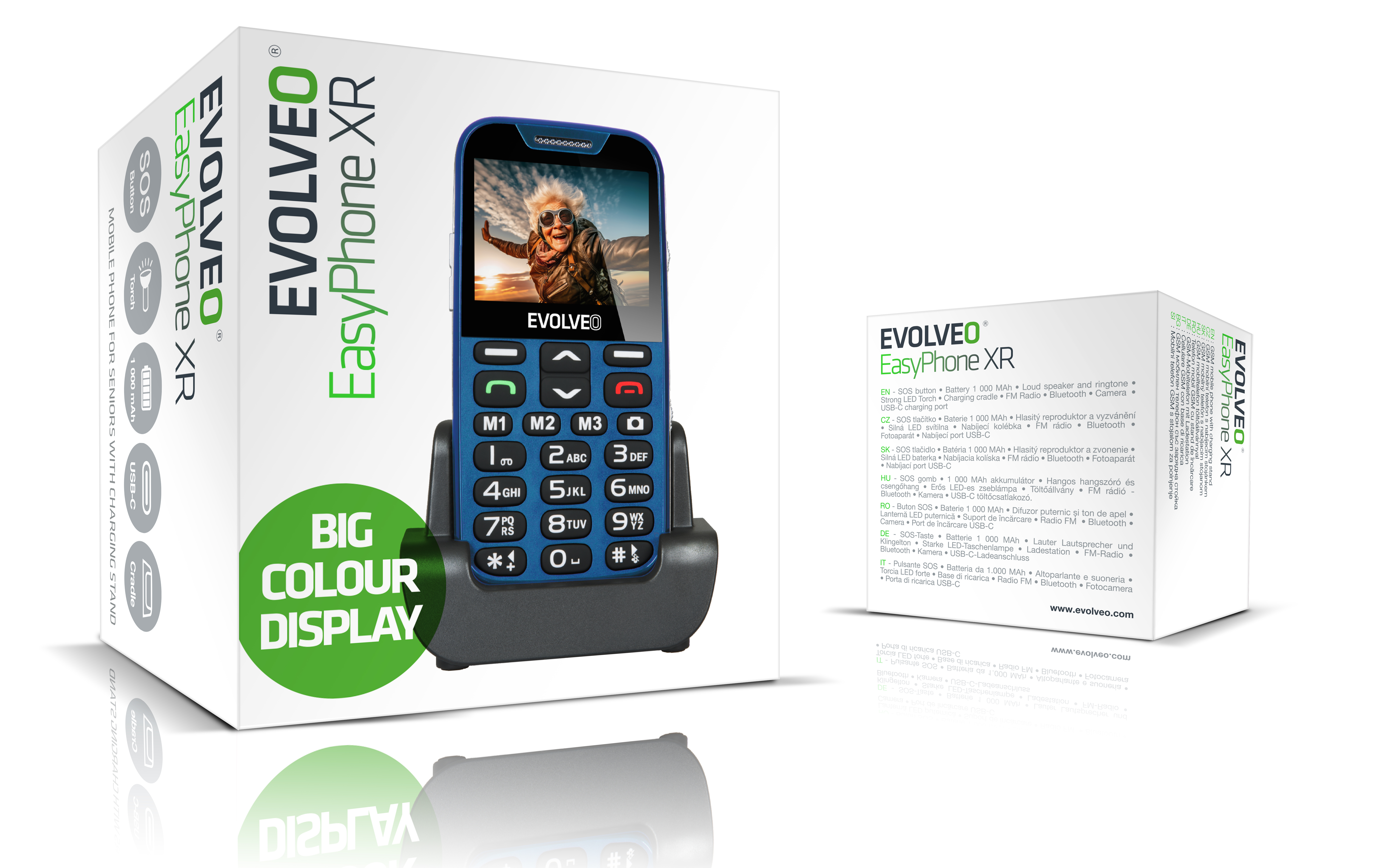 EVOLVEO EasyPhone XR, mobilný telefón pre seniorov s nabíjacím stojanom, modrá 