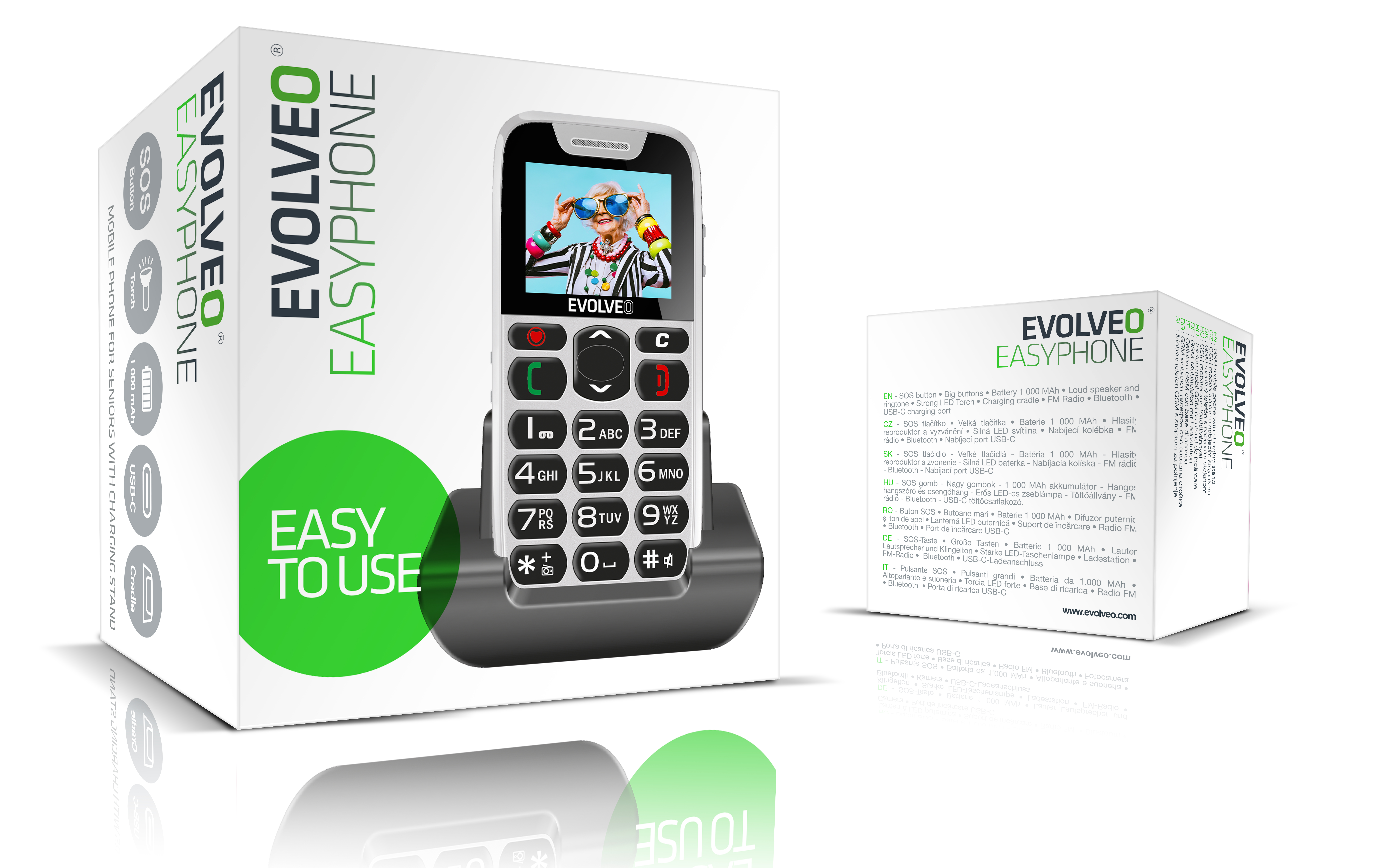 EVOLVEO EasyPhone, mobilný telefón pre seniorov s nabíjacím stojanom, biela 