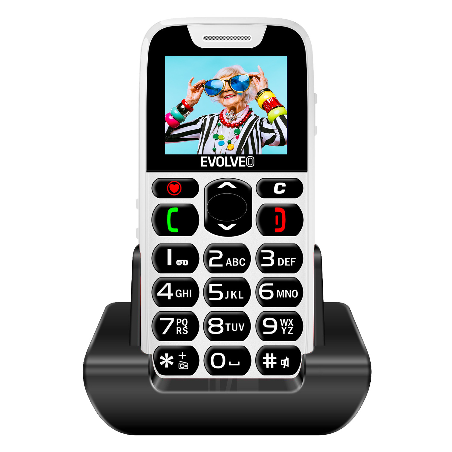 EVOLVEO EasyPhone, mobilný telefón pre seniorov s nabíjacím stojanom, biela 