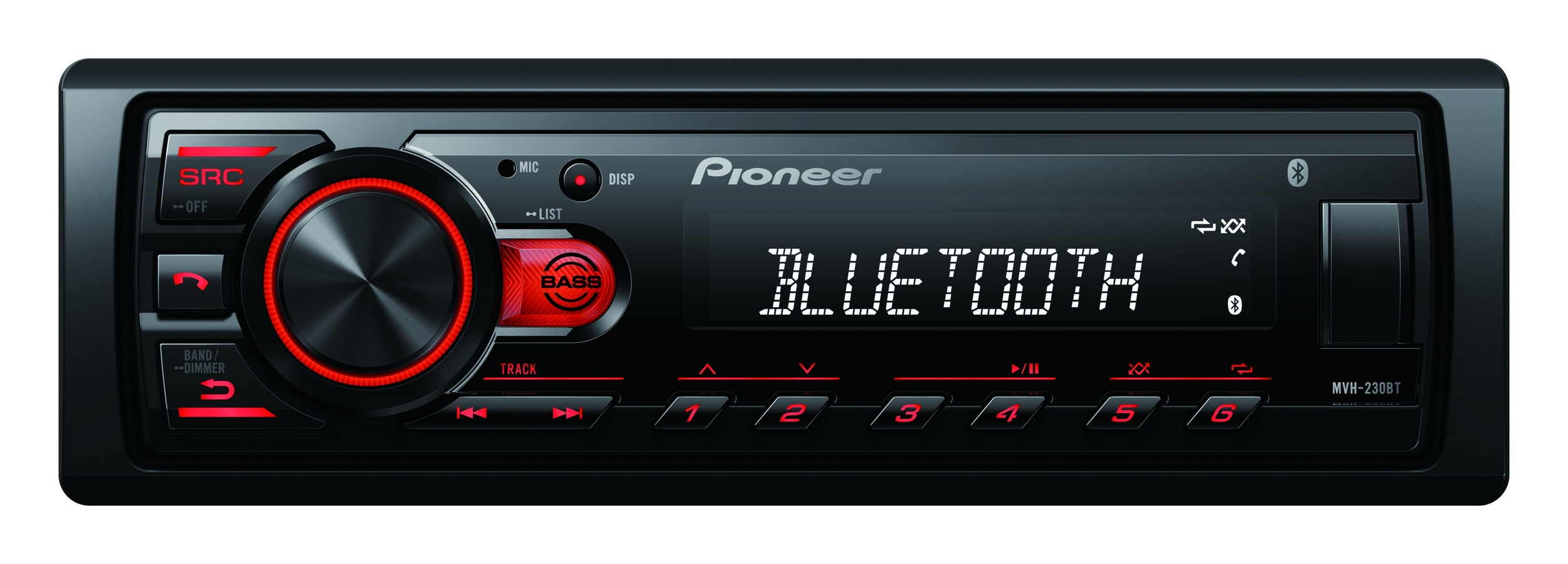 Pioneer MVH-230 autorádio s USB a Bluetooth s integrovaným mikrofónom červené