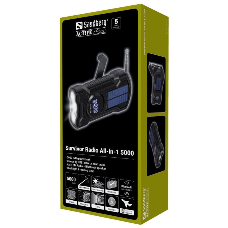 Sandberg Surviovor All-in-1 5000 mAh, FM/ AM rádio s ďalšími funkciami, čierna 