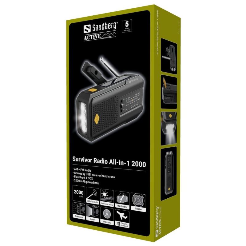 Sandberg Surviovor All-in-1 2000 mAh, FM/ AM rádio s ďalšími funkciami, čierna 