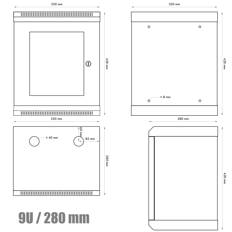 10" rack jednodílný 9U/ 280 DATACOM černý Skl.dv. 