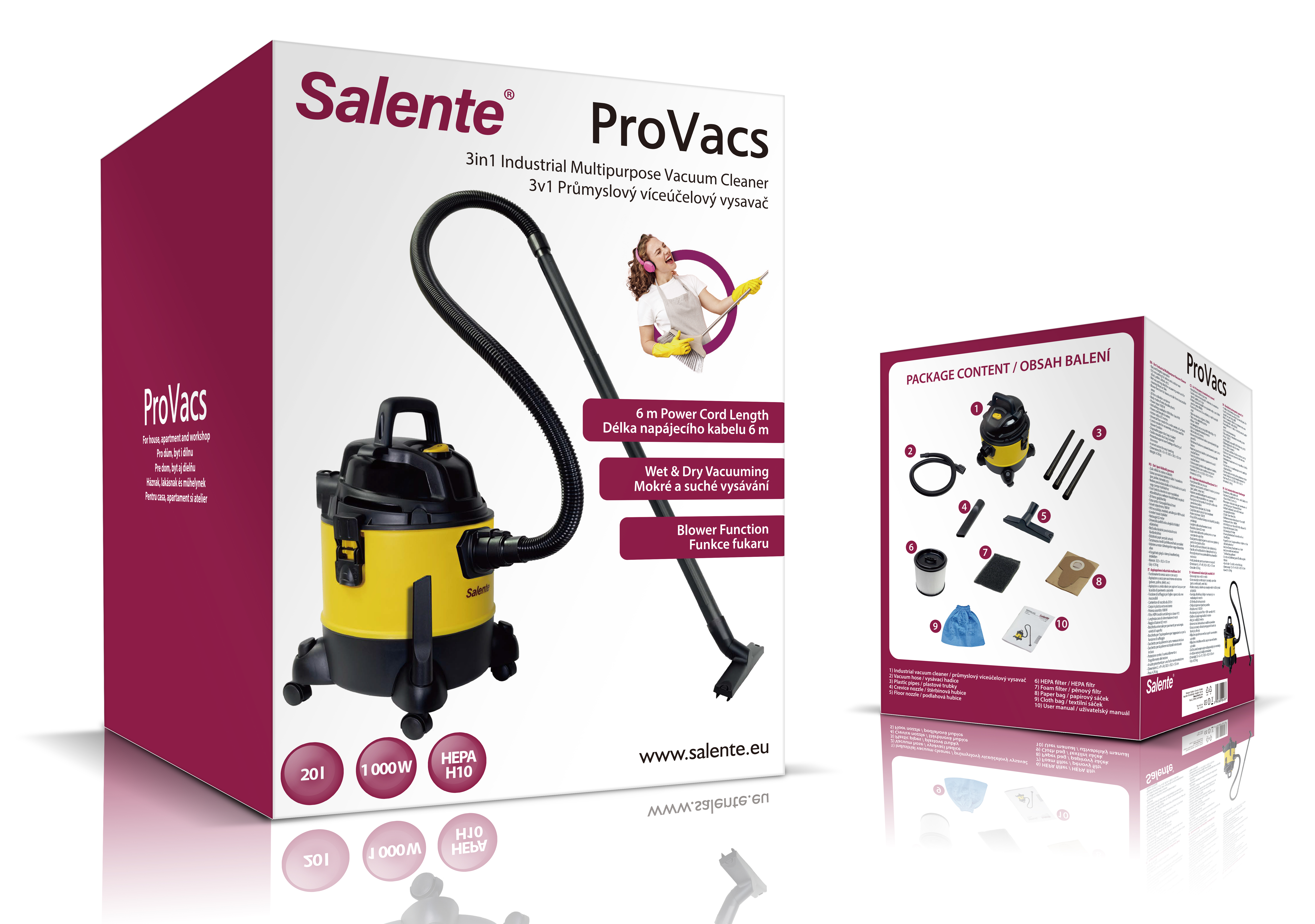 Salente ProVacs, priemyselný viacúčelový vysávač a fukár 4v1, žltý 