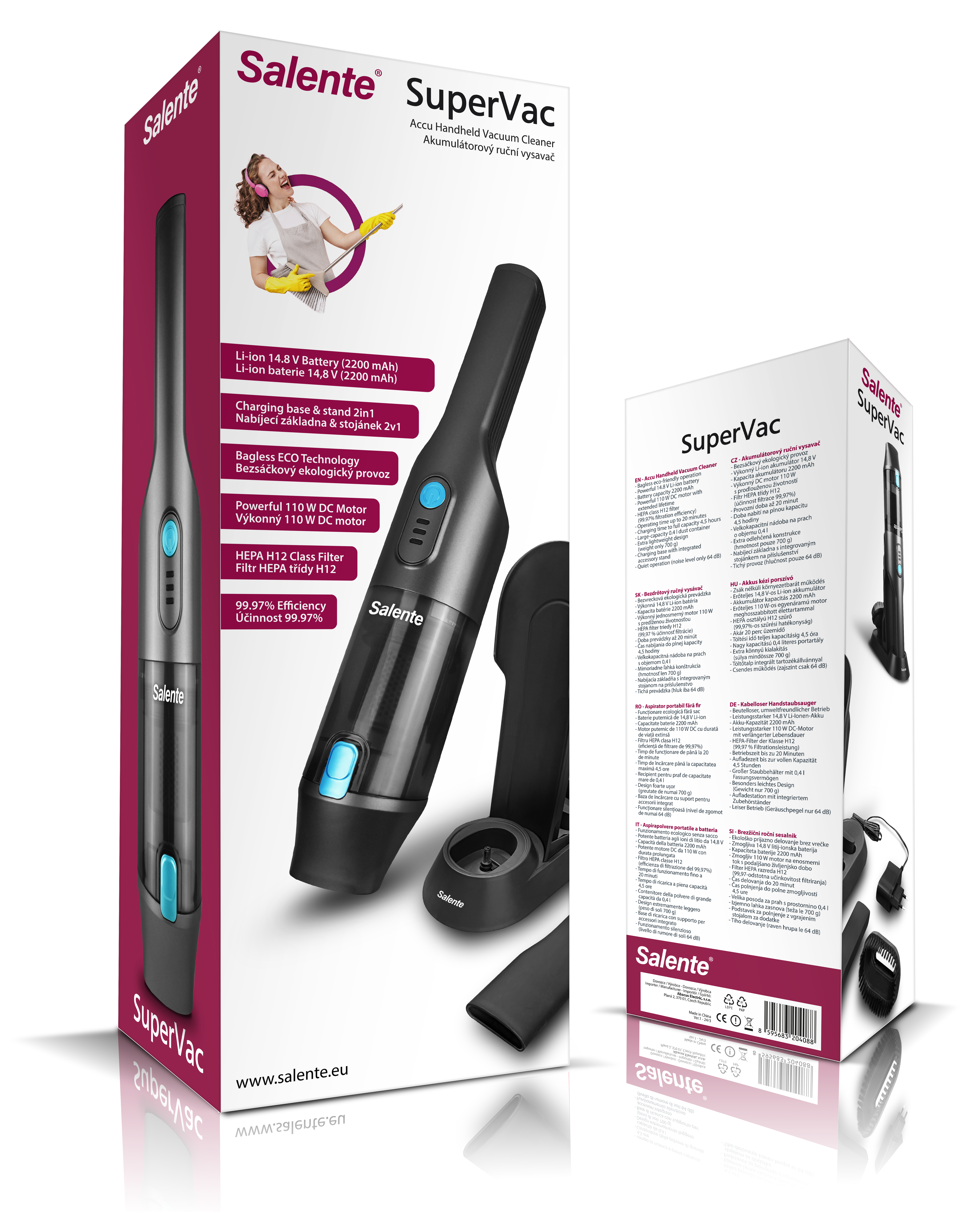 Salente SuperVac, ručný vysávač, HEPA H7, 2200 mAh, 110 W, antracitový 