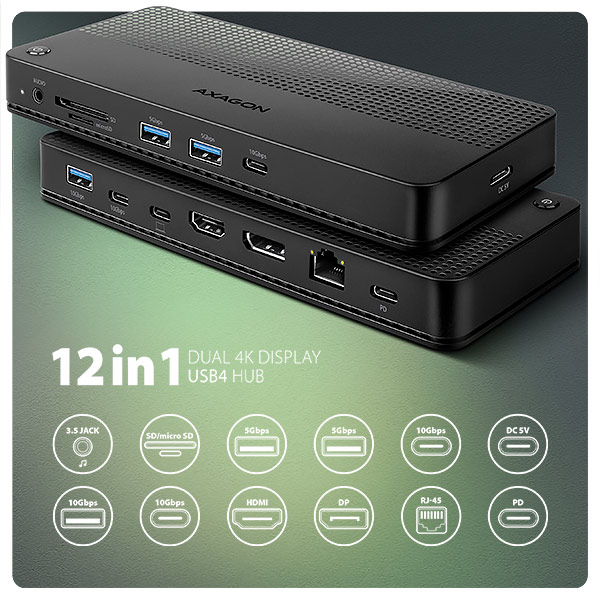 AXAGON HMC-U4, USB4 40Gbps dock, 3x USB-A, 2x USB-C, HDMI & DP 8K/ 30Hz, RJ-45, SD/ mSD, audio, PD100W 