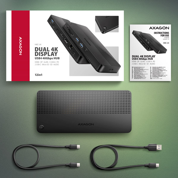 AXAGON HMC-U4, USB4 40Gbps dock, 3x USB-A, 2x USB-C, HDMI & DP 8K/ 30Hz, RJ-45, SD/ mSD, audio, PD100W 