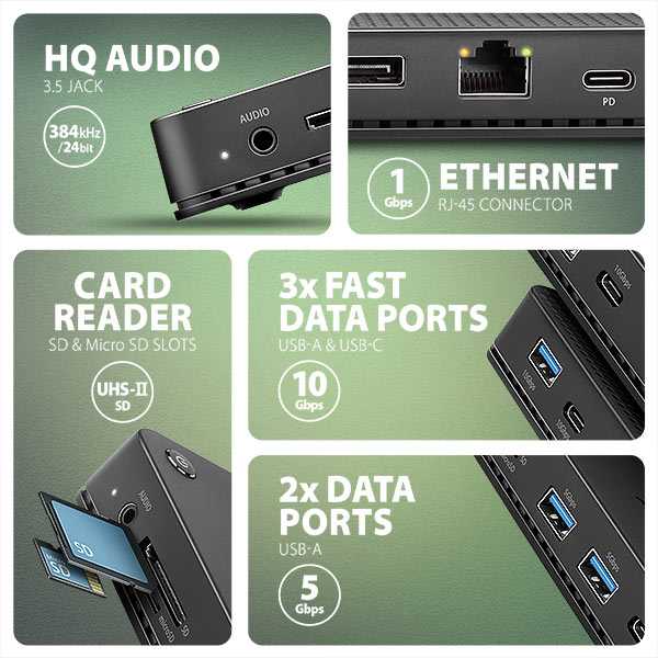 AXAGON HMC-U4, USB4 40Gbps dock, 3x USB-A, 2x USB-C, HDMI & DP 8K/ 30Hz, RJ-45, SD/ mSD, audio, PD100W 