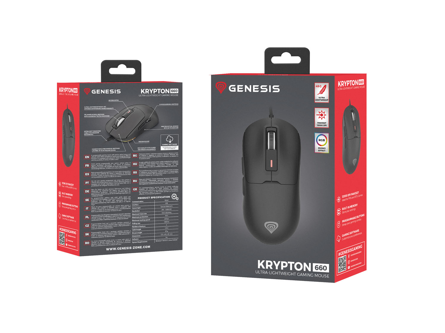 Genesis herná myš KRYPTON 660/ Herná/ Optická/ 12 000 DPI/ Drôtové USB-A/ Čierna 