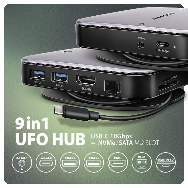 AXAGON HMC-UFO, USB 10Gbps hub, 2x USB-A, USB-C, HDMI 4k/ 60, RJ-45, M.2 slot, SD/ mSD, audio, PD 