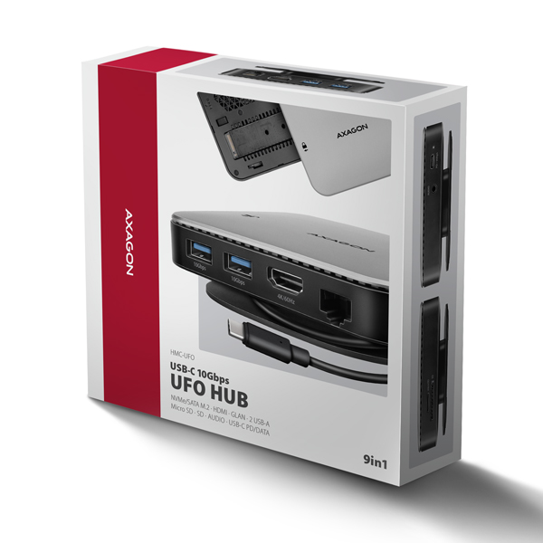 AXAGON HMC-UFO, USB 10Gbps hub, 2x USB-A, USB-C, HDMI 4k/ 60, RJ-45, M.2 slot, SD/ mSD, audio, PD 