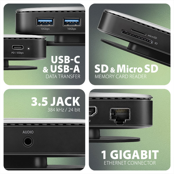 AXAGON HMC-UFO, USB 10Gbps hub, 2x USB-A, USB-C, HDMI 4k/ 60, RJ-45, M.2 slot, SD/ mSD, audio, PD 