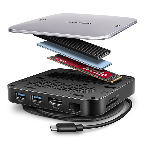 AXAGON HMC-UFO, USB 10Gbps hub, 2x USB-A, USB-C, HDMI 4k/ 60, RJ-45, M.2 slot, SD/ mSD, audio, PD