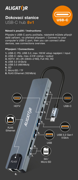 Aligator Dokovacia stanica USB-C/ Hub 8v1 (USB-C/ 2xUSB/ SD/ MicroSD/ HDTV/ RJ45) 