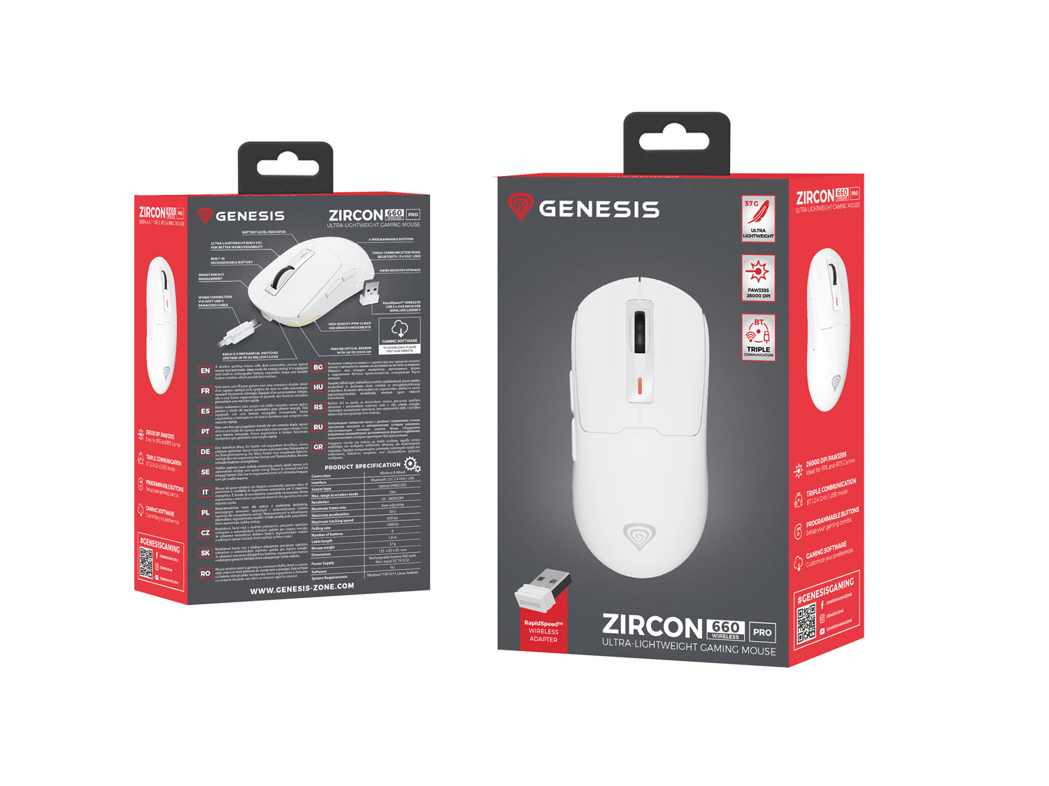 Genesis herná myš ZIRCON 660 PRO/ Herná/ Optická/ Pre pravákov/ 26 000 DPI/ Drôtová+bezdrôtová/ Biela 