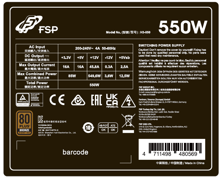FSP HYPER 80+ PRO/ 550W/ ATX 3.0/ 80PLUS Bronzia 230V/ Bulk 