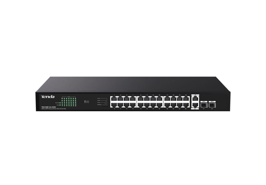 Tenda TEG1128P-24-410W PoE+ Gigabit switch 24x 1Gb/ s PoE+ 802.3af/ at + 2x SFP + 2x RJ45, 370W, Rack 