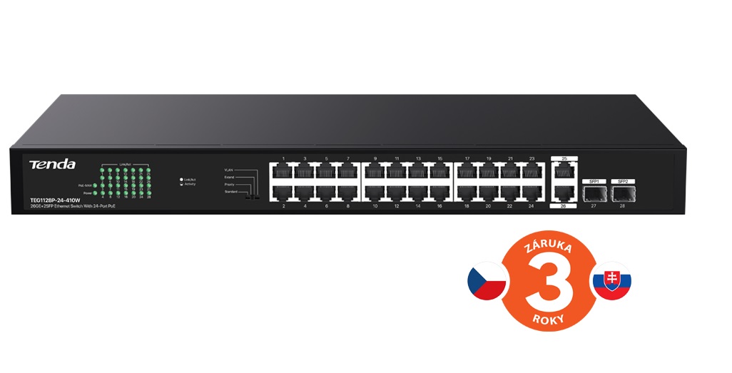 Tenda TEG1128P-24-410W PoE+ Gigabit switch 24x 1Gb/ s PoE+ 802.3af/ at + 2x SFP + 2x RJ45, 370W, Rack 