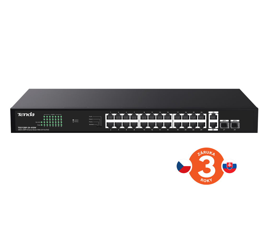 Tenda TEG1128P-24-410W PoE+ Gigabit switch 24x 1Gb/ s PoE+ 802.3af/ at + 2x SFP + 2x RJ45, 370W, Rack 