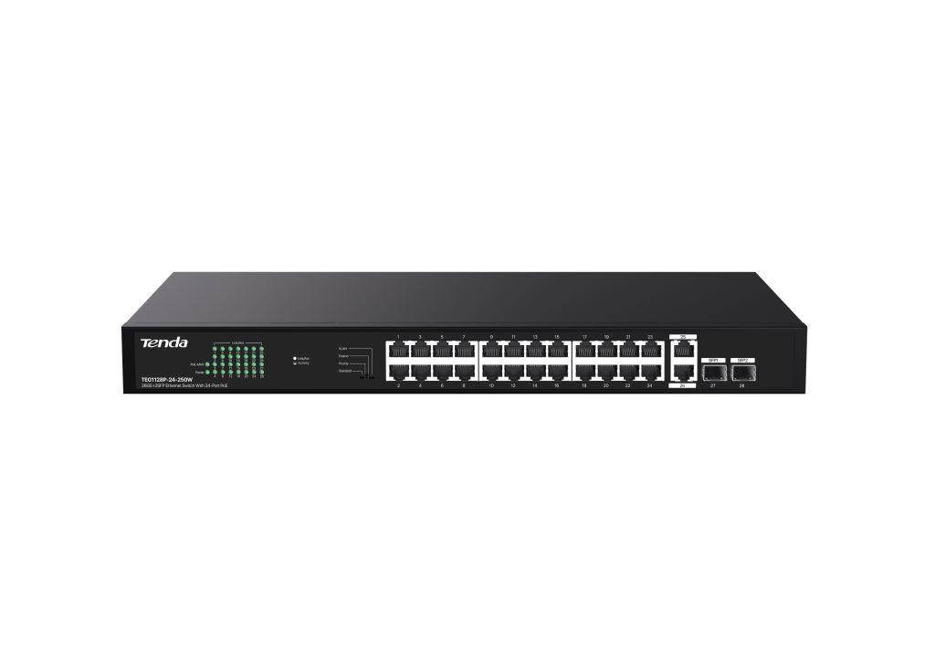 Tenda TEG1128P-24-250W PoE+ Gigabit switch 24x 1Gb/ s PoE+ 802.3af/ at + 2x SFP + 2x RJ45, 230W, Rack 