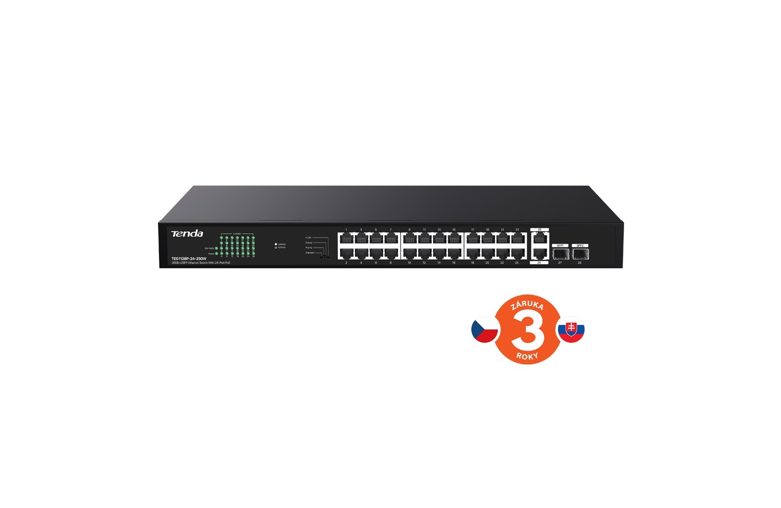 Tenda TEG1128P-24-250W PoE+ Gigabit switch 24x 1Gb/ s PoE+ 802.3af/ at + 2x SFP + 2x RJ45, 230W, Rack 