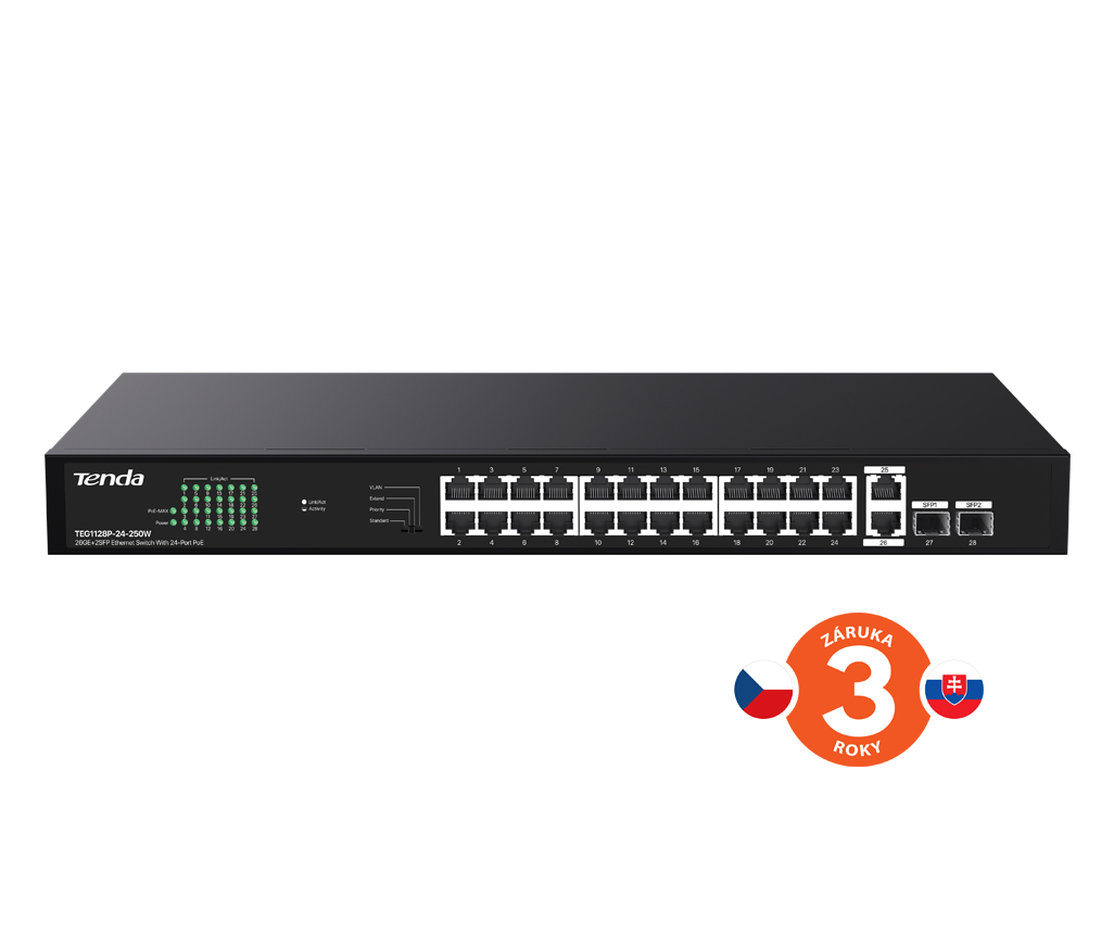 Tenda TEG1128P-24-250W PoE+ Gigabit switch 24x 1Gb/ s PoE+ 802.3af/ at + 2x SFP + 2x RJ45, 230W, Rack 