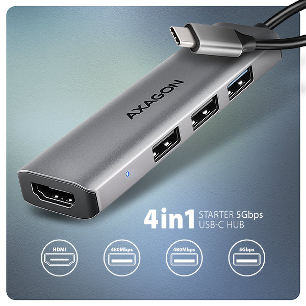 AXAGON HMC-H3A, USB 5Gbps hub, 3x USB-A, HDMI 4k/ 30Hz, kábel USB-C 15cm 