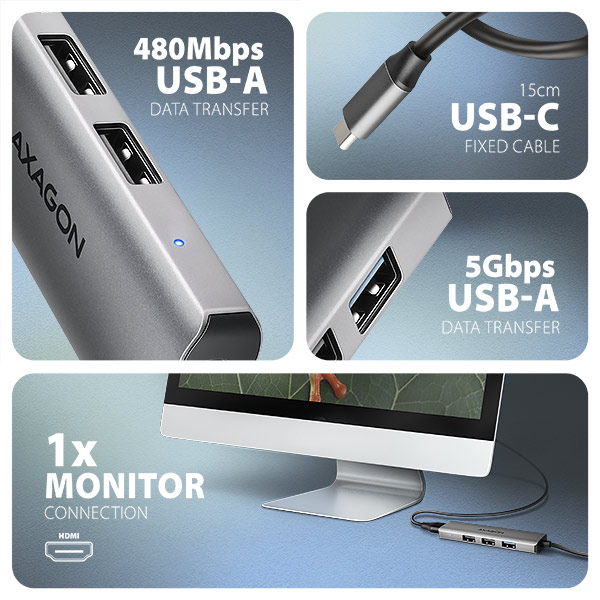 AXAGON HMC-H3A, USB 5Gbps hub, 3x USB-A, HDMI 4k/ 30Hz, kábel USB-C 15cm 
