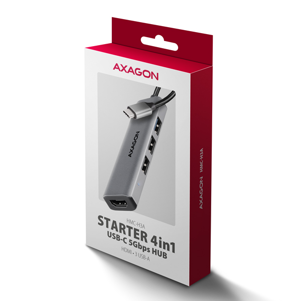AXAGON HMC-H3A, USB 5Gbps hub, 3x USB-A, HDMI 4k/ 30Hz, kábel USB-C 15cm 