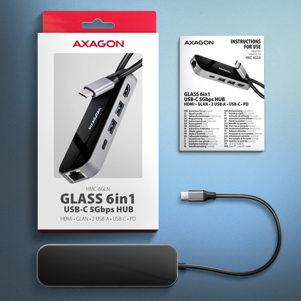 AXAGON HMC-6GLN, USB 5Gbps hub, 2x USB-A, USB-C, HDMI 4k/ 60Hz, RJ-45 GLAN, PD 100W, kábel USB-C 20cm 