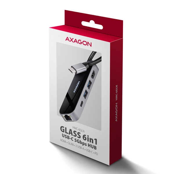 AXAGON HMC-6GLN, USB 5Gbps hub, 2x USB-A, USB-C, HDMI 4k/ 60Hz, RJ-45 GLAN, PD 100W, kábel USB-C 20cm 