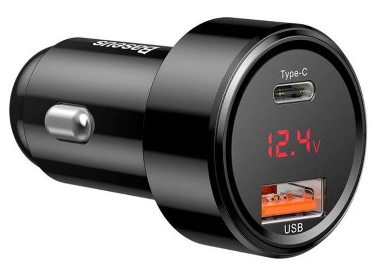 Baseus nabíjačka do auta Magic USB-C PD, USB-A 45W s displejom čierna 