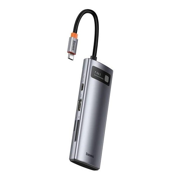 Baseus dokovacia stanica 7v1 USB-C (USB-C PD 100W, USB-C, 2x USB 3.0, HDMI, SD/ TF port) sivá 