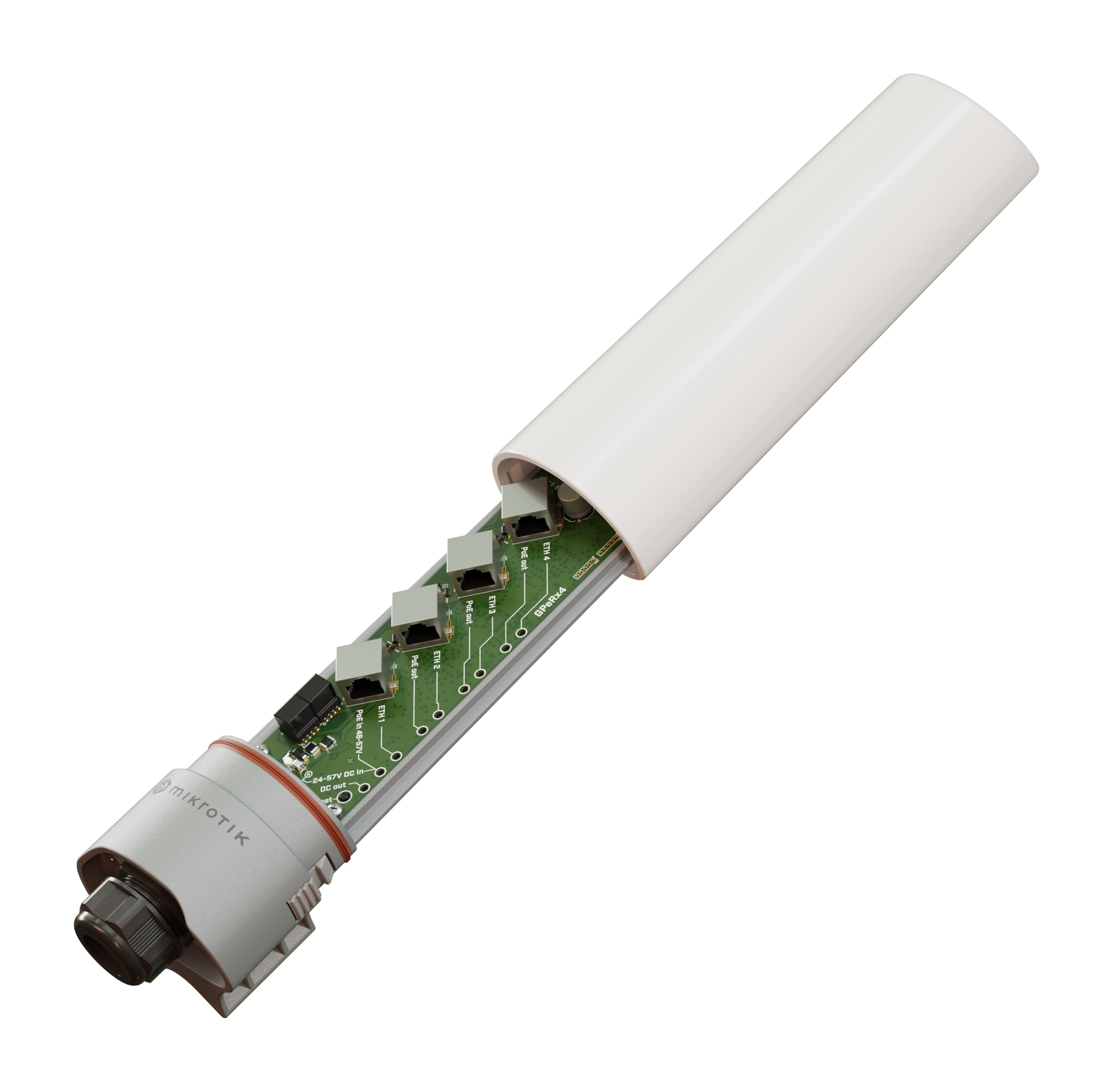 MikroTik GPER14i, GPeRx4 Smart Gigabit Passive Ethernet Repeater & PoE splitter, outdoor enclosure 