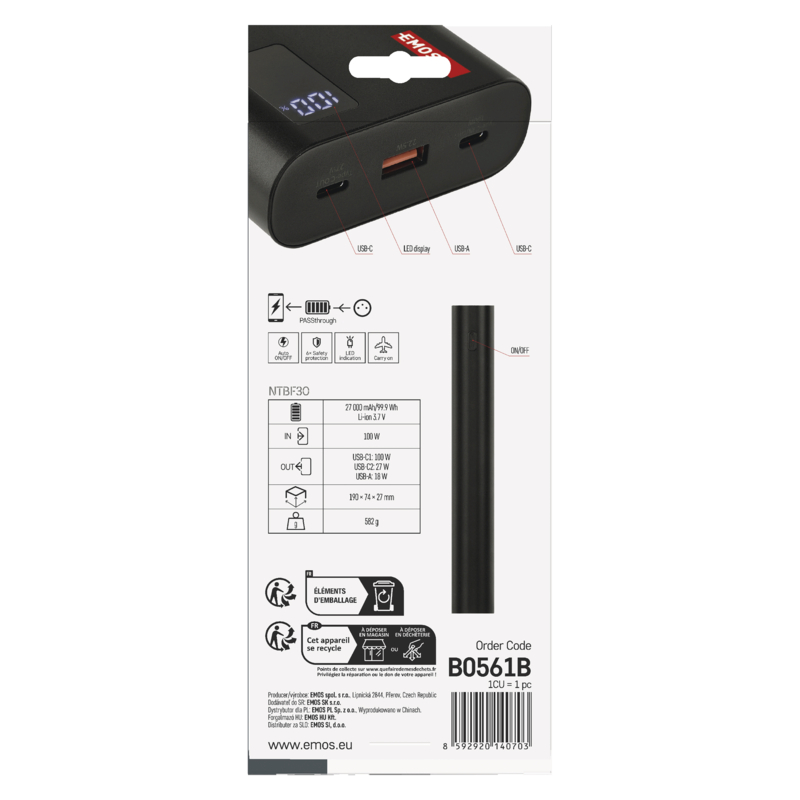 EMOS PWB NTBF30 27000 MAH 100 W PD 1×USB-C 1×USB-A 