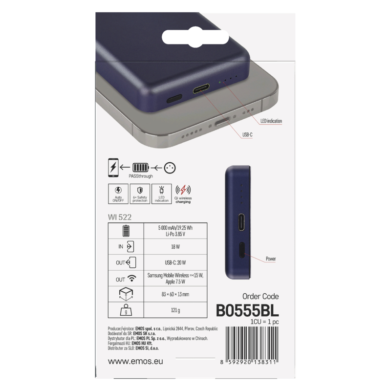 EMOS POWERBANKA WI 522, bezdrôtové nabíjanie 20W, 5.000mAh, MODRÁ, 1xUSB-C 