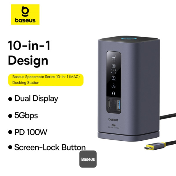 Baseus Dokovacia stanica Spacemate 10v1 (USB-C PD 100W, USB-C, 2x USB-A, 2x HDMI) sivá 