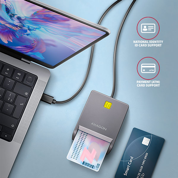 AXAGON CRE-SM3TC, USB-C FlatReader čítačka kontaktných kariet Smart card (eObčanka), kábel 1.2m 