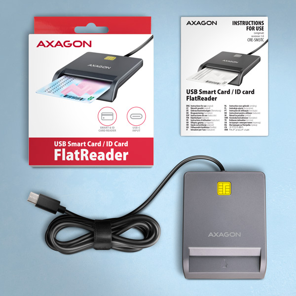 AXAGON CRE-SM3TC, USB-C FlatReader čítačka kontaktných kariet Smart card (eObčanka), kábel 1.2m 
