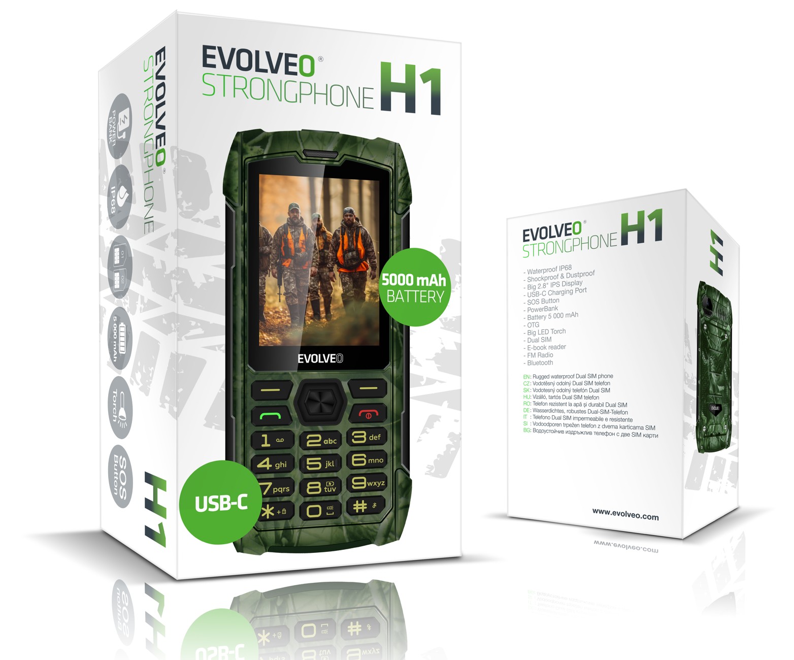 EVOLVEO StrongPhone H1, vodotesný odolný Dual SIM telefón, lovecká kamufláž 
