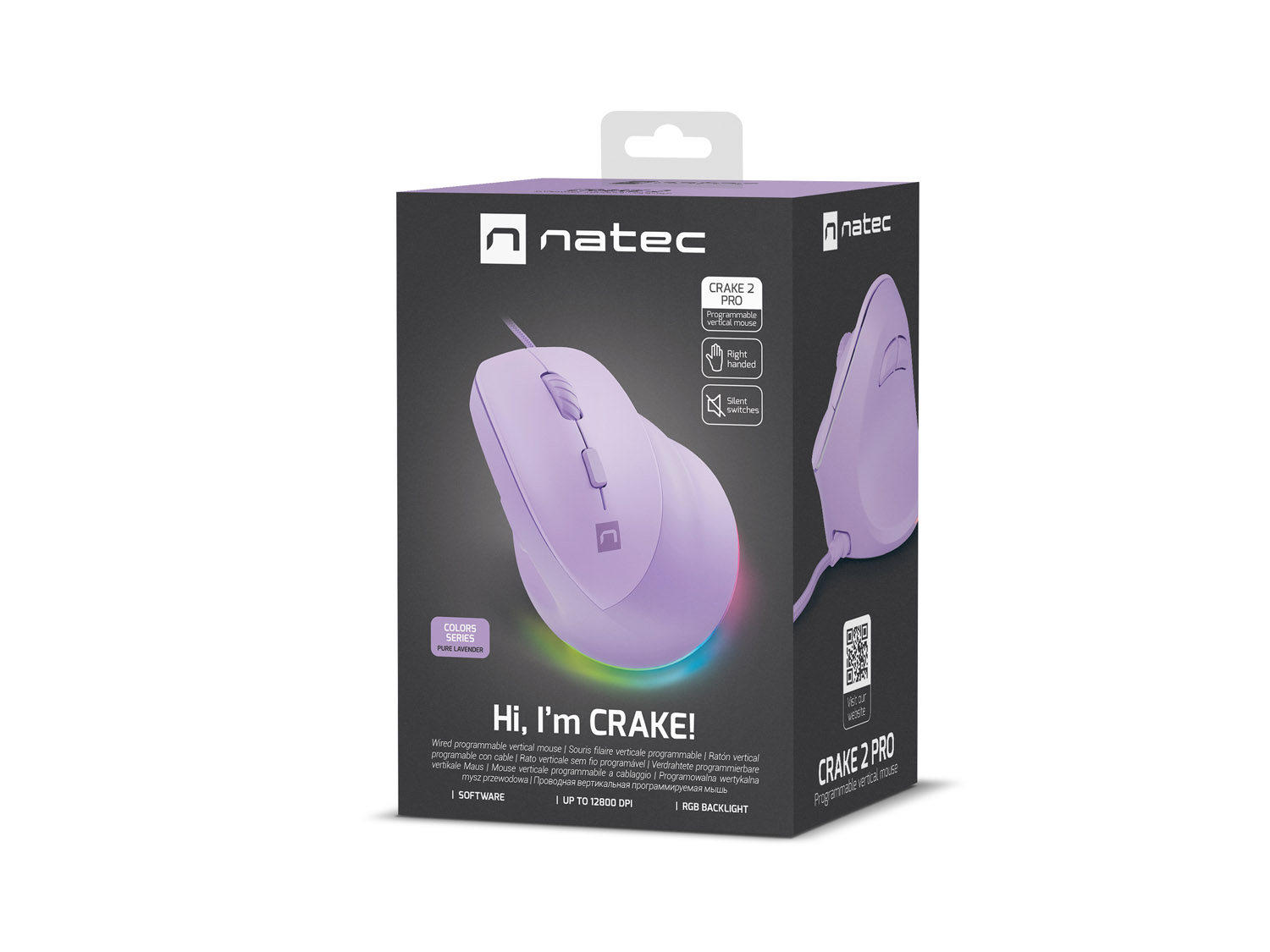 Vertikálna myš Natec CRAKE 2 PRO/ Vertikálna/ Optická/ Pre pravákov/ 12 400 DPI/ Drôtové USB-A/ Fialová 