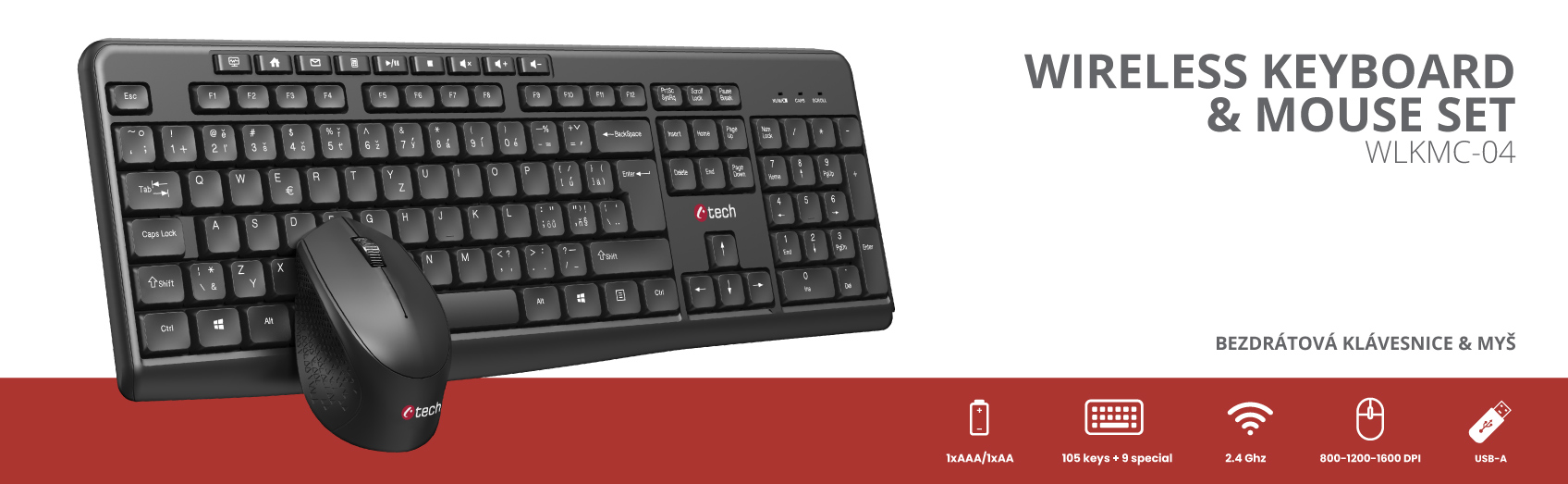 Klávesnice C-TECH WLKMC-04, bezdrátový combo set s myší, černý, USB, CZ/ SK 