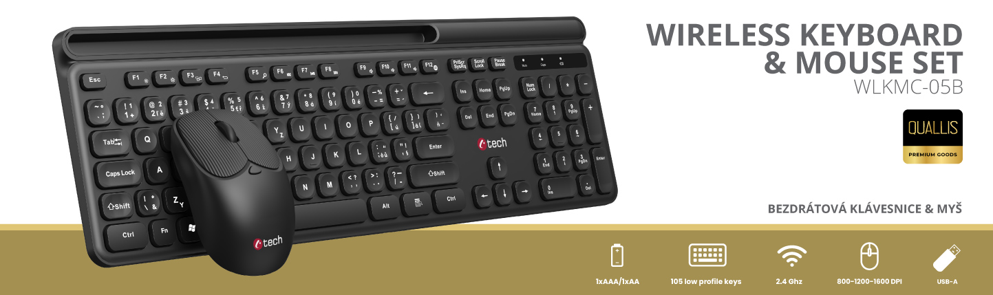 Klávesnice C-TECH Quallis WLKMC-05, bezdrátový combo set s myší, černý, USB, CZ/ SK 