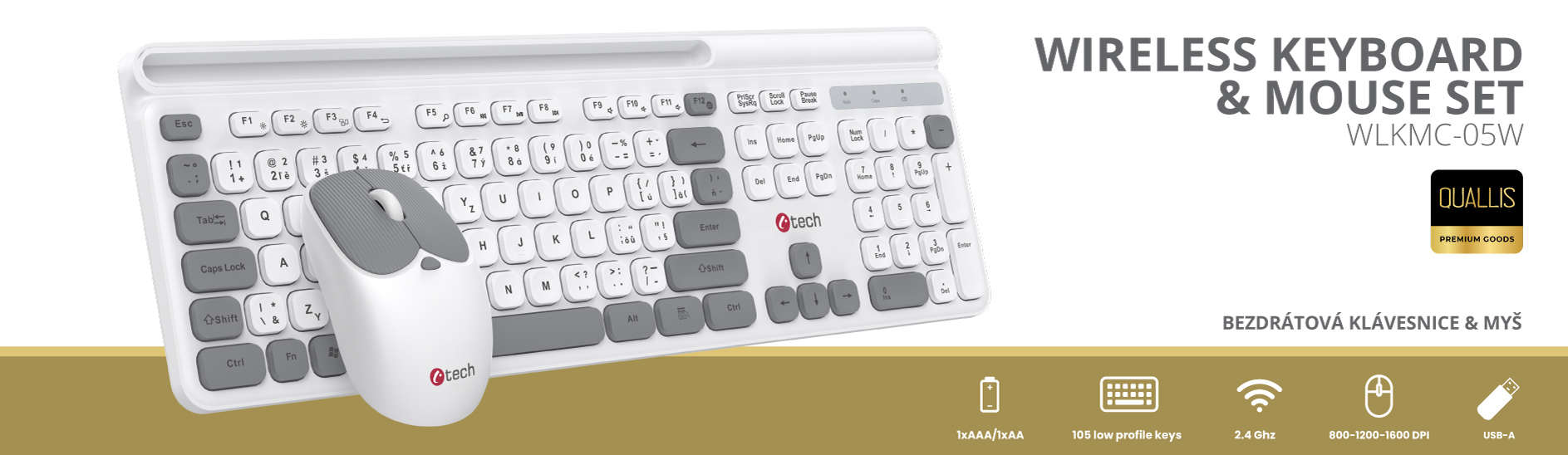 Klávesnice C-TECH Quallis WLKMC-05, bezdrátový combo set s myší, bílá, USB, CZ/ SK 